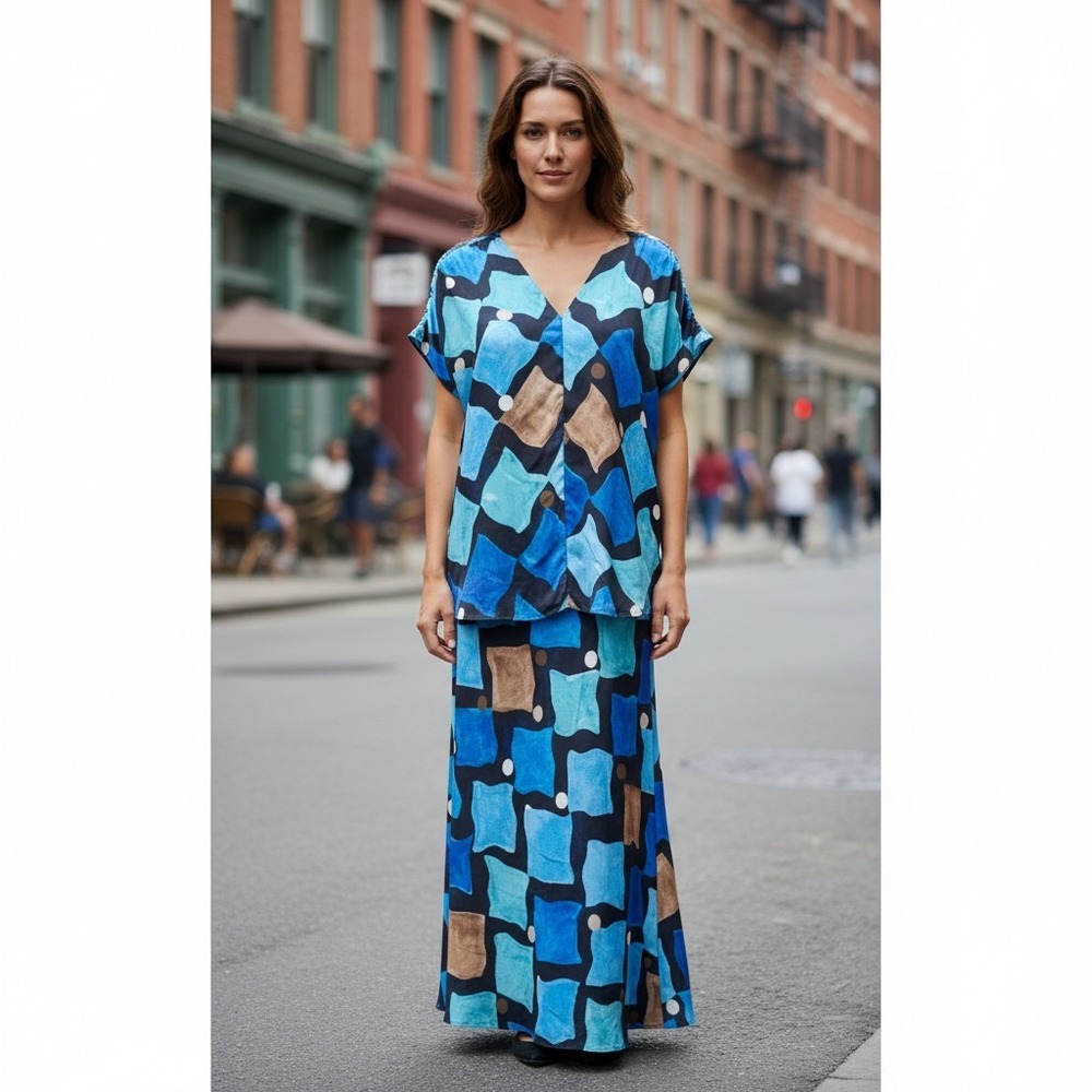 NIC+ZOE Blue Geometric Tile Print 2 Pc Top Maxi Skirt Set Womens L Boho Resort